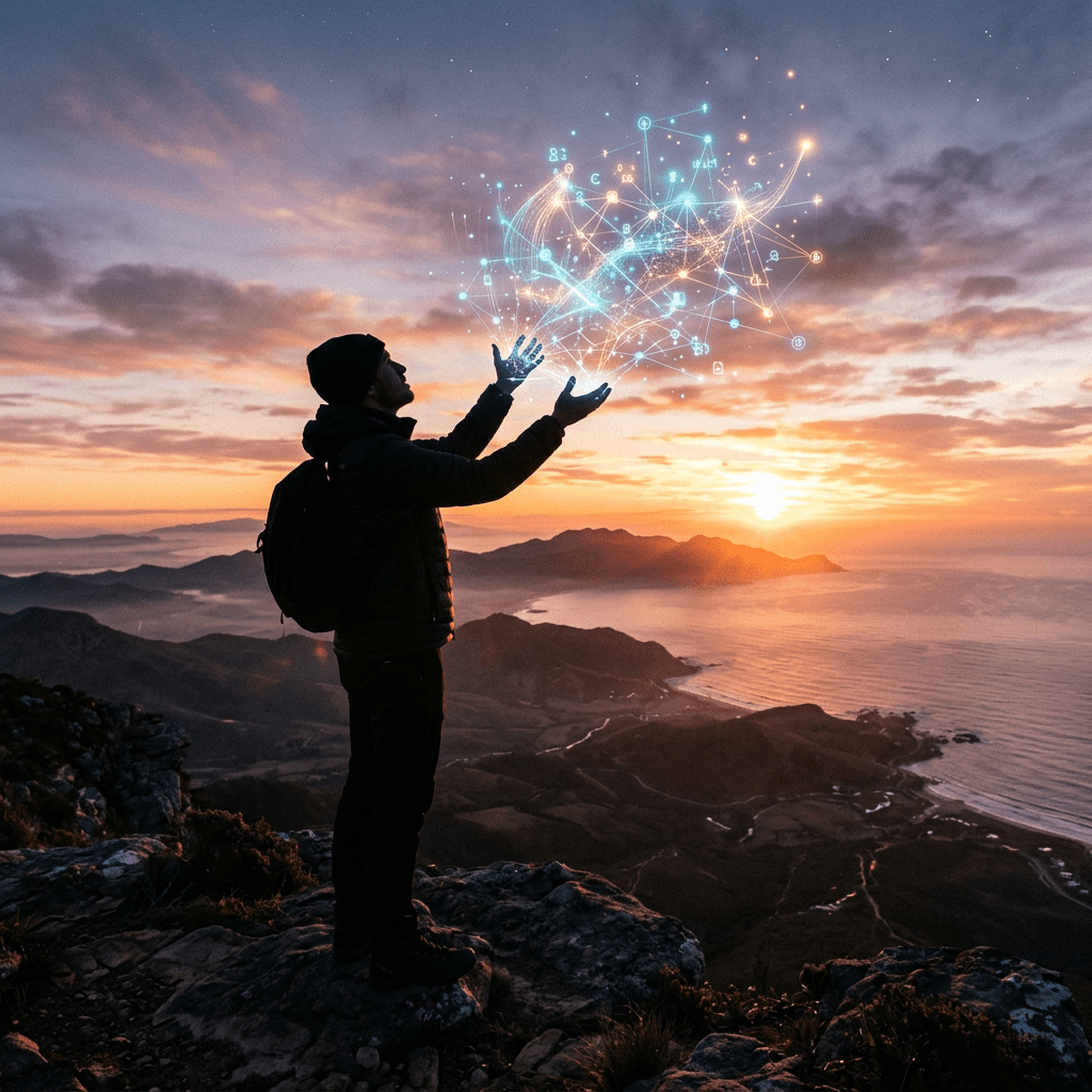 Person on mountain with glowing digital network hologram at sunset